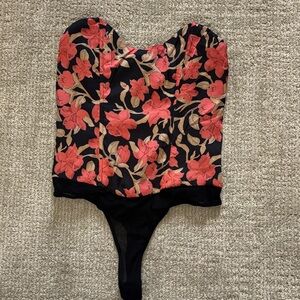 Lulus Floral Black and Burnt Orange Strapless Bodysuit